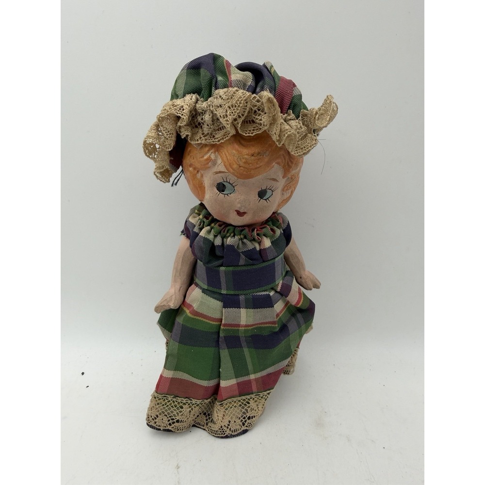 Vintage Chalkware Composition Girl Doll Plaid Dress Bonnet